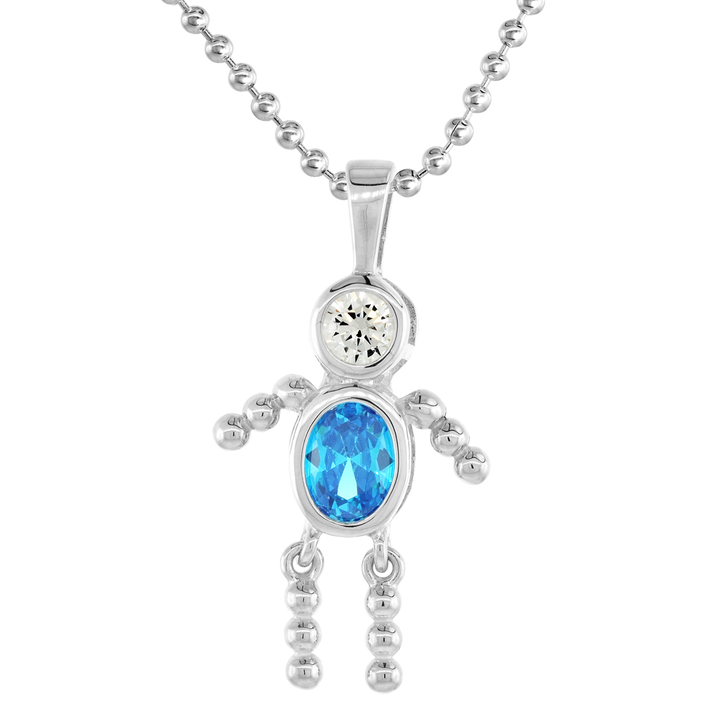 Sterling Silver Birthstone Necklace December Baby Brat Boy Blue Topaz Color Cubic Zirconia, 30 inch