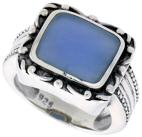 Sterling Silver Ring, w/ 12 x 9 mm Rectangular Blue Resin, 1/2 inch (14 mm) wide