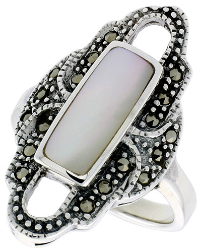 Sterling Silver Ring, w/ 14 x 6 mm Rectangular Mother of Pearl, 1 1/8 inch (29 mm) wide