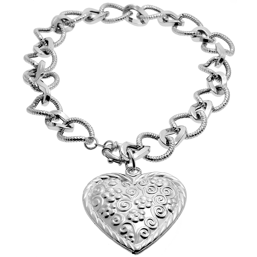 Sterling Silver Extra Large Choker Necklace w/ Floral Heart Pendant ( 15 in. )