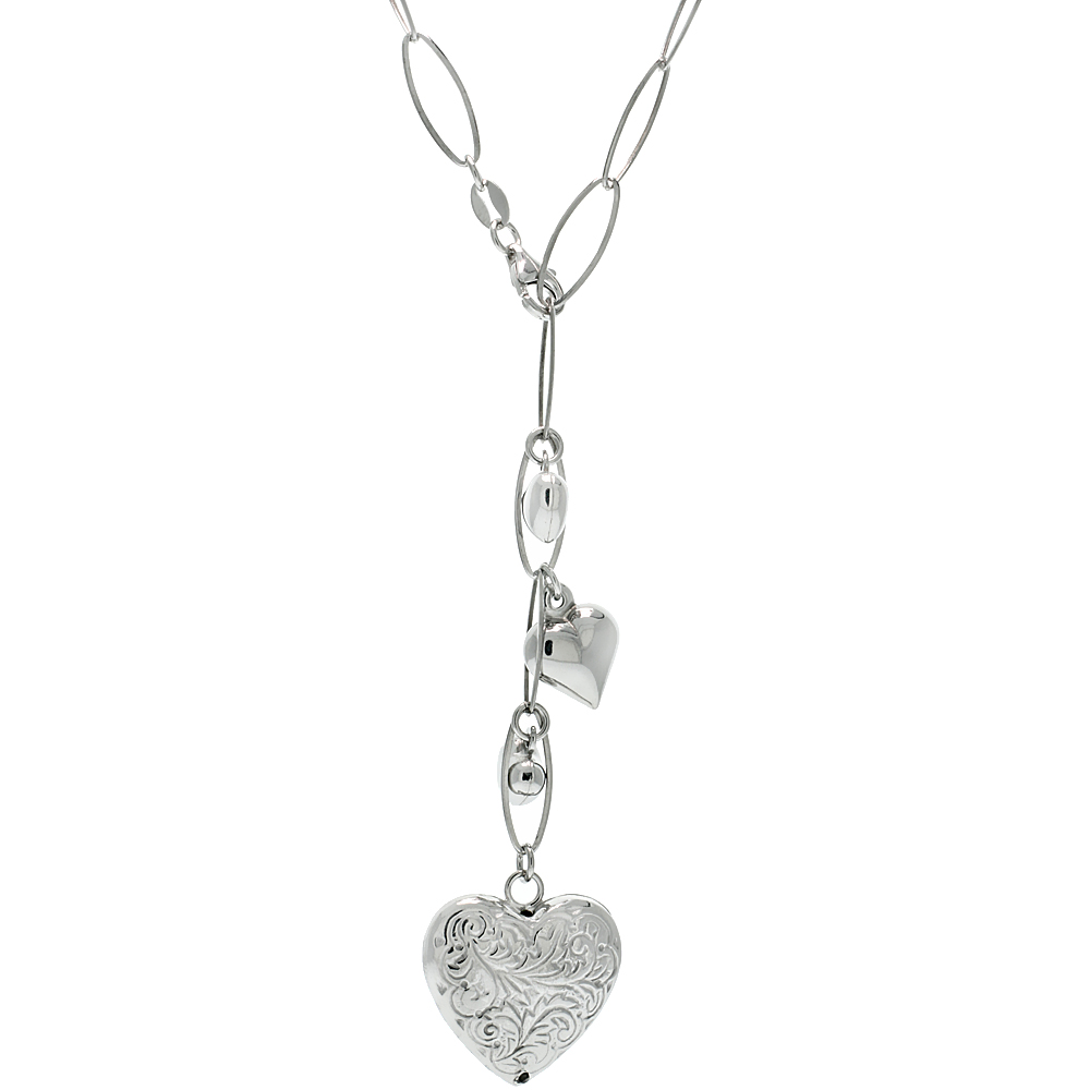 Sterling Silver Cut Out Oval Link Necklace w/ Floral Heart Charm ( 16 in. )