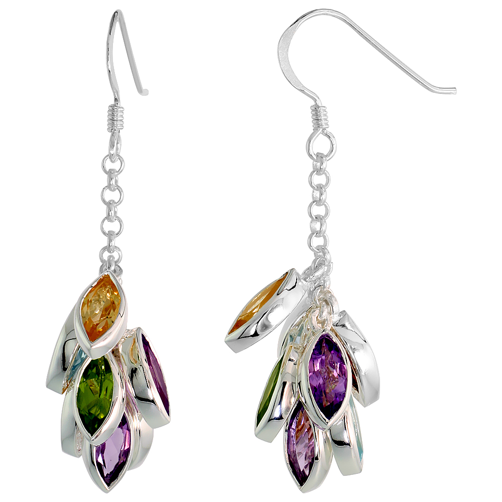 Sterling Silver Multi Color Cluster Drop Earrings Citrine Peridot Amethyst Blue Topaz 12 cttw, 1 3/4 inch