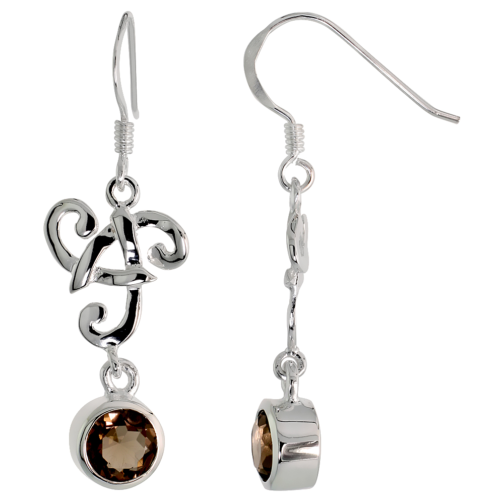 Sterling Silver Genuine Smoky Topaz Triquetra Earrings Celtic Trinity Knot, 1 1/2 inch