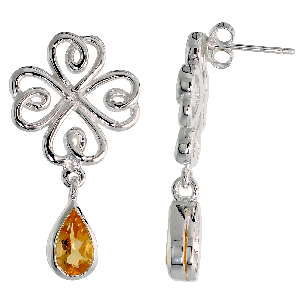 Sterling Silver Genuine Citrine Celtic 4 Leaf Clover Earrings Teardrop, 1 1/4 inch