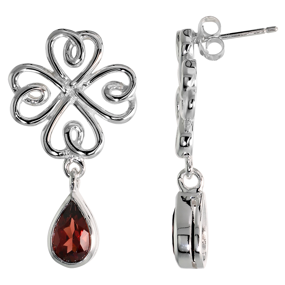 Sterling Silver Genuine Garnet Celtic 4 Leaf Clover Earrings Teardrop, 1 1/4 inch