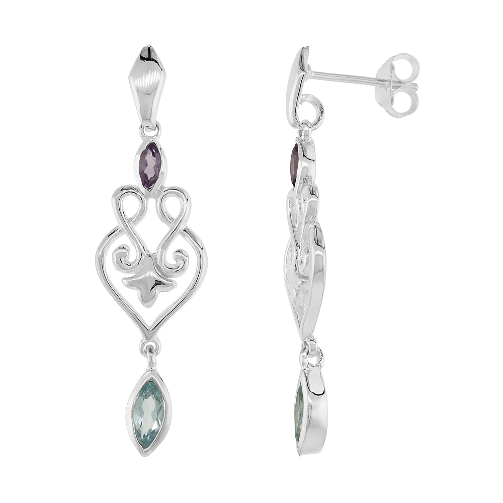 Sterling Silver Genuine Blue Topaz Amethyst Scroll Heart Earrings, 1 1/2 inch