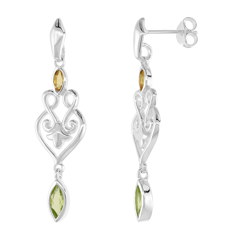 Sterling Silver Genuine Peridot Citrine Scroll Heart Earrings, 1 1/2 inch
