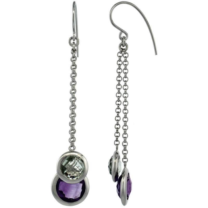 Sterling Silver Natural Stone Dangle Earrings w/ 9mm Amethyst & 8mm Green Amethyst Drop, 2 9/16 in. (65 mm) tall