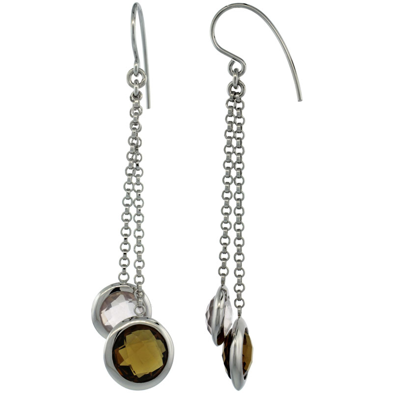 Sterling Silver Natural Stone Dangle Earrings w/ 9mm Smoky Quartz & 8mm Pink Quartz Drop, 2 9/16 in. (65 mm) tall