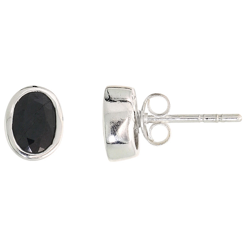 Sterling Silver 7x5mm Oval Natural Blue Sapphire Stone Stud Earrings