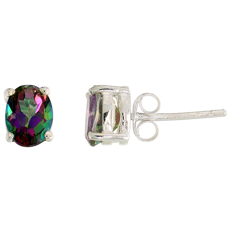 Sterling Silver 8x6mm Oval Rainbow Mystic Topaz Stone Stud Earrings