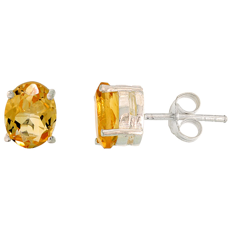 Sterling Silver 9x7mm Oval Natural Citrine Stone Stud Earrings