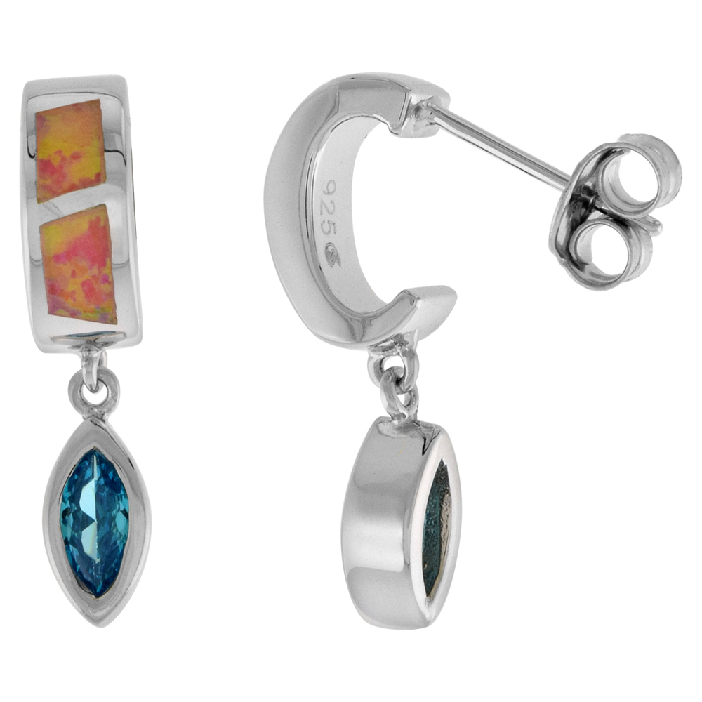 Sterling Silver Post Earrings Pink Synthetic Opal inlay with Marquis Shape Blue Topaz CZ, 7/8 inch