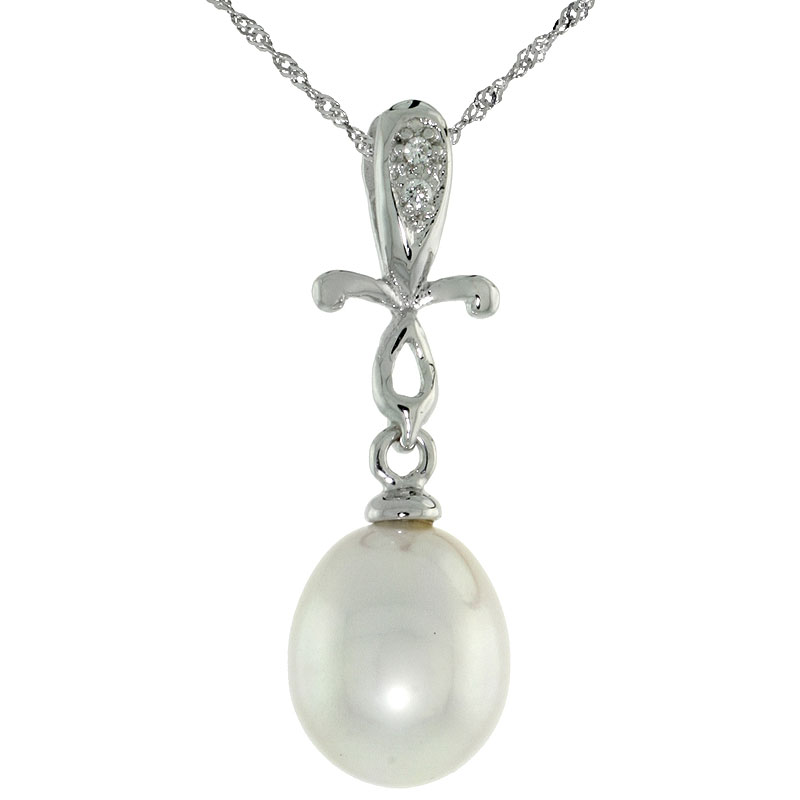 10k White Gold Cross & Pearl Pendant, w/ 0.01 Carat Brilliant Cut Diamonds, 1 in. (25mm) tall, w/ 18" Sterling Silver Singapore Chain