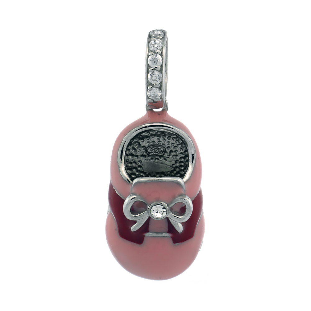 Sterling Silver Pink & Red Enamel Baby Shoe Pendant w/ CZ Stones, 7/8 in. (23 mm) tall