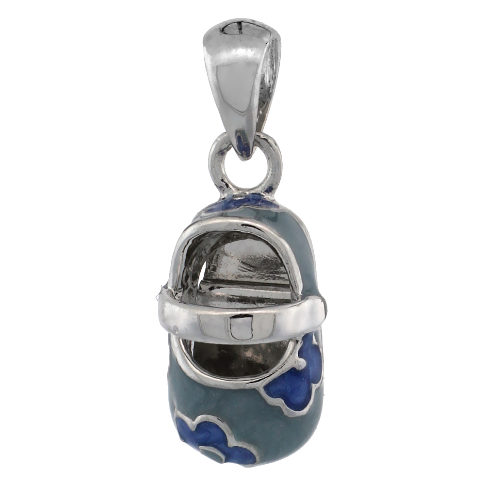 Sterling Silver Floral Blue Enamel Baby Shoe Pendant, 9/16 in. (15 mm) tall