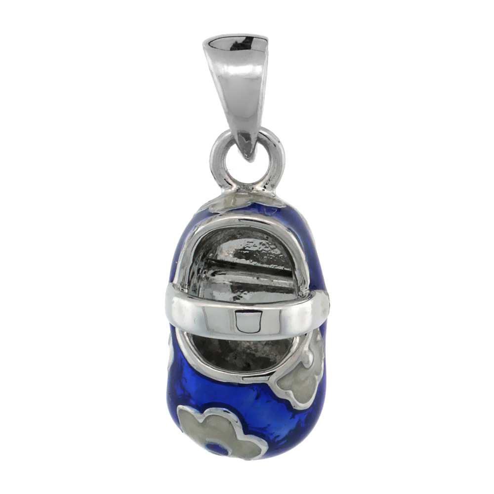 Sterling Silver Floral Blue & White Enamel Baby Shoe Pendant, 9/16 in. (15 mm) tall