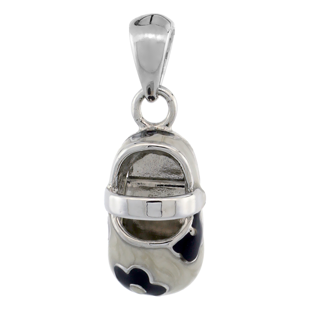 Sterling Silver Floral White & Black Enamel Baby Shoe Pendant, 9/16 in. (15 mm) tall