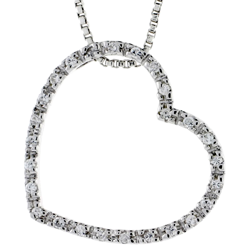 Sterling Silver Heart Pendant Slide w/ High Quality CZ Stones, 7/8" (22 mm) tall