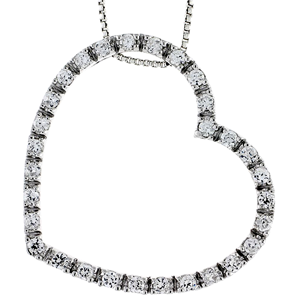 Sterling Silver Heart Pendant Slide w/ High Quality CZ Stones, 1 3/16" (30 mm) tall