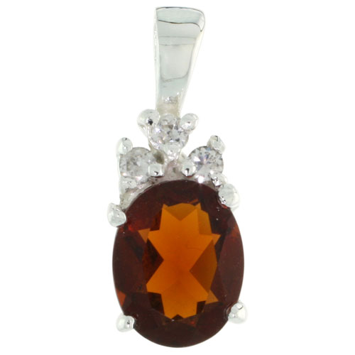 Sterling Silver Oval-shaped January Birthstone CZ Pendant, w/ 9x7mm Oval Cut Garnet-colored Stone & Brilliant Cut Clear Stones, w/ 18" Thin Box Chain