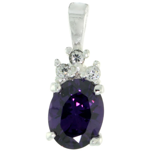 Sterling Silver Oval-shaped February Birthstone CZ Pendant, w/ 9x7mm Oval Cut Amethyst-colored Stone & Brilliant Cut Clear Stones, w/ 18" Thin Box Chain