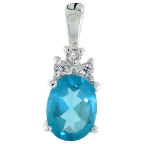 Sterling Silver Oval-shaped March Birthstone CZ Pendant, w/ 9x7mm Oval Cut Aquamarine-colored Stone & Brilliant Cut Clear Stones, w/ 18" Thin Box Chain