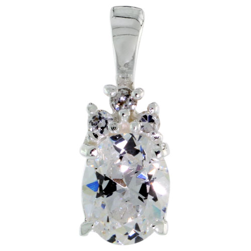 Sterling Silver Oval-shaped April Birthstone CZ Pendant, w/ Brilliant Cut & 9x7mm Oval Cut Clear Stones, w/ 18" Thin Box Chain