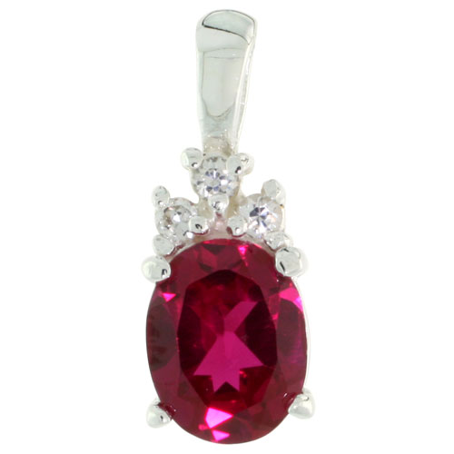 Sterling Silver Oval-shaped July Birthstone CZ Pendant, w/ 9x7mm Oval Cut Ruby-colored Stone & Brilliant Cut Clear Stones, w/ 18" Thin Box Chain