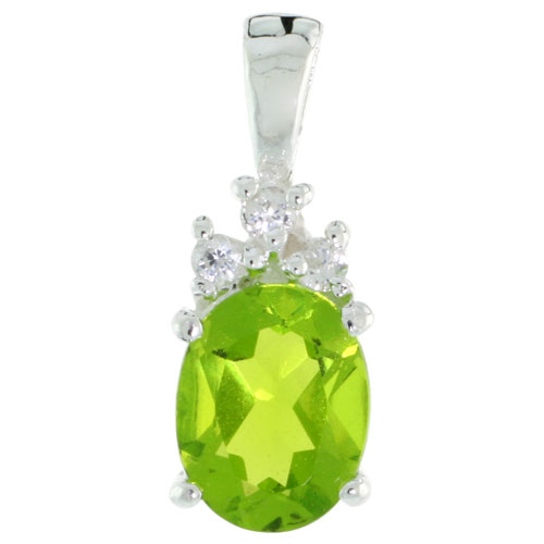 Sterling Silver Oval-shaped August Birthstone CZ Pendant, w/ 9x7mm Oval Cut Peridot-colored Stone & Brilliant Cut Clear Stones, w/ 18" Thin Box Chain