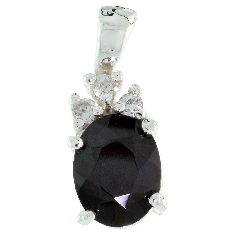 Sterling Silver Oval-shaped CZ Pendant, w/ 9x7mm Oval Cut Black Stone & Brilliant Cut Clear Stones, w/ 18" Thin Box Chain