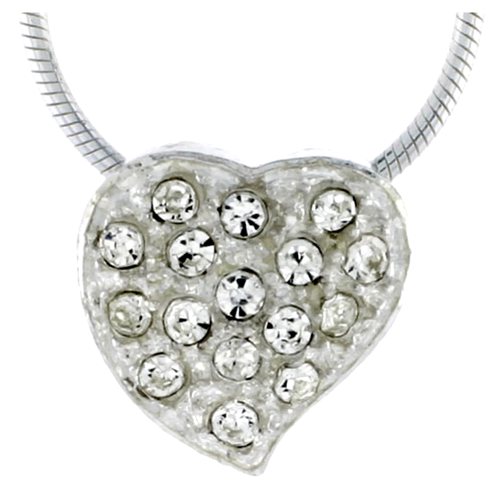 High Polished Sterling Silver 7/16" (11 mm) tall Heart Pendant, w/ Brilliant Cut CZ Stones, w/ 18" Thin Box Chain