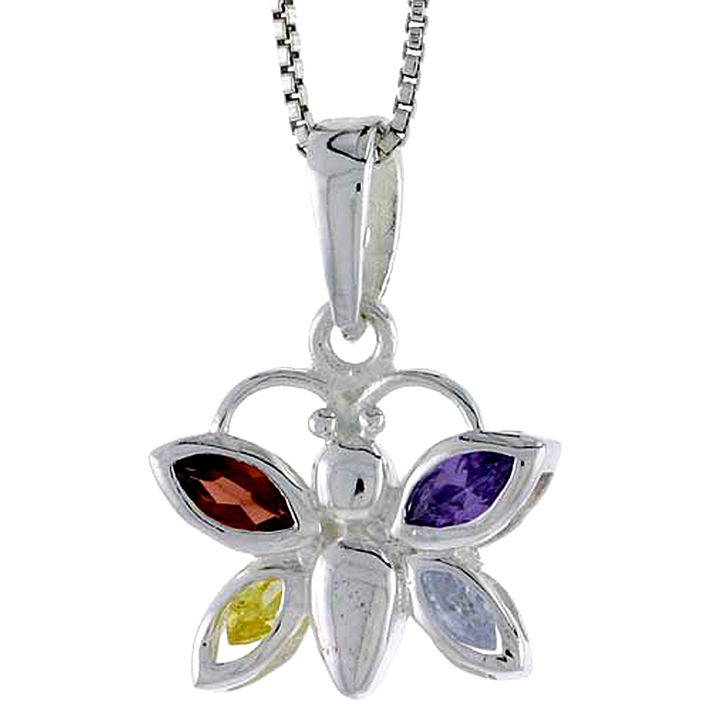 High Polished Sterling Silver 9/16" (14 mm) tall Butterfly Pendant, w/ Marquise Cut Clear, Ruby, Amethyst & Citrine Colored CZ Stones, w/ 18" Thin Box Chain