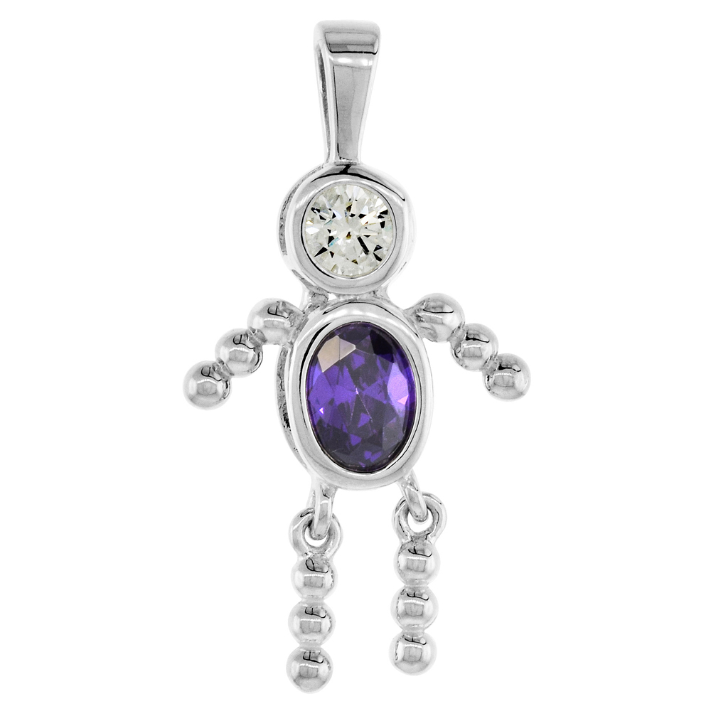 Sterling Silver Birthstone Charm February Baby Brat Boy Amethyst Color Cubic Zirconia