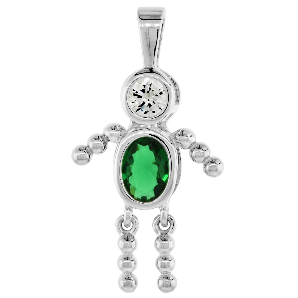 Sterling Silver Birthstone Charm May Baby Brat Boy Emerald Color Cubic Zirconia