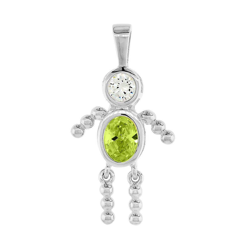 Sterling Silver Birthstone Charm August Baby Brat Boy Peridot Color Cubic Zirconia