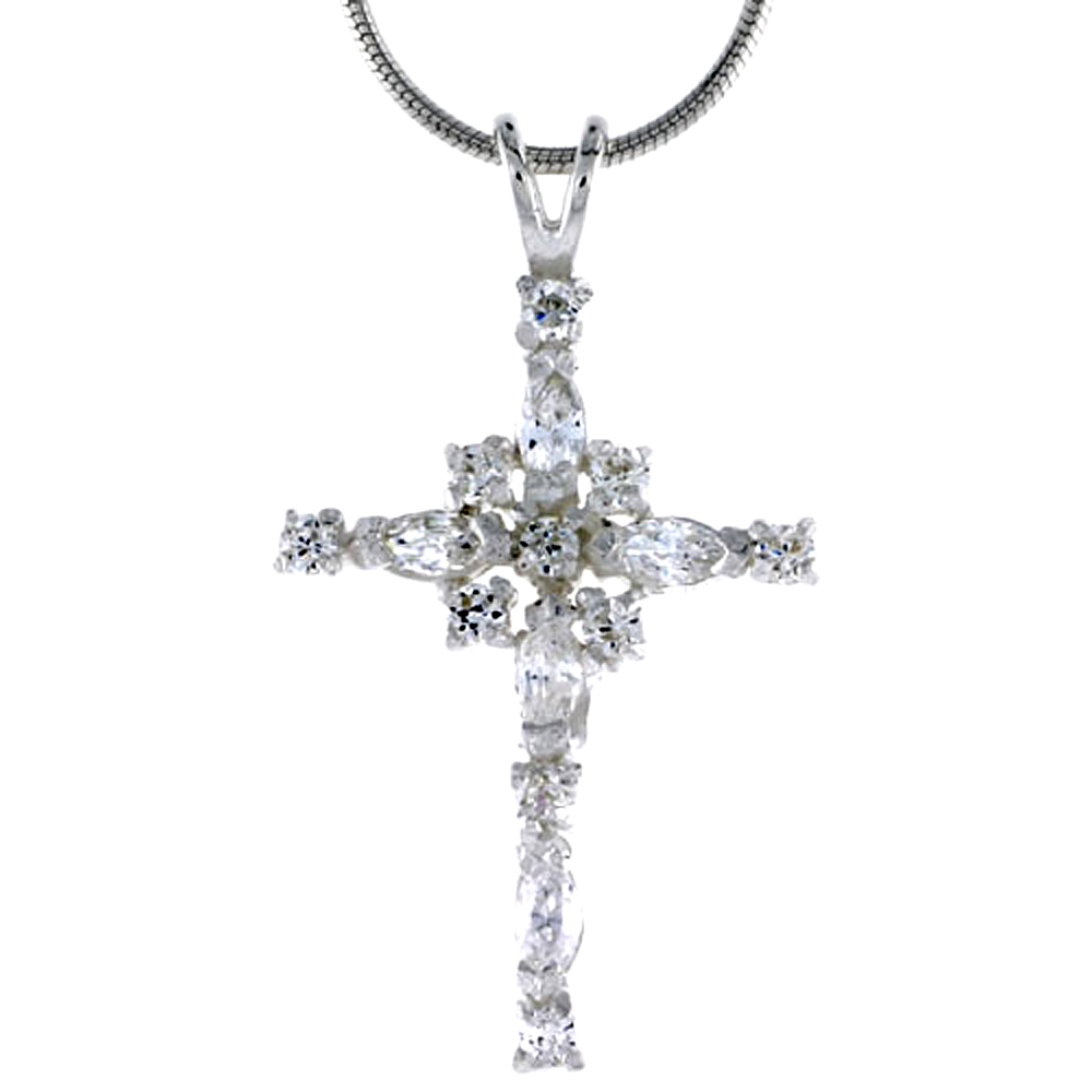 High Polished Sterling Silver 1 1/4" (32 mm) tall Cross Pendant, w/ Marquise Cut & Brilliant Cut CZ Stones, w/ 18" Thin Box Chain