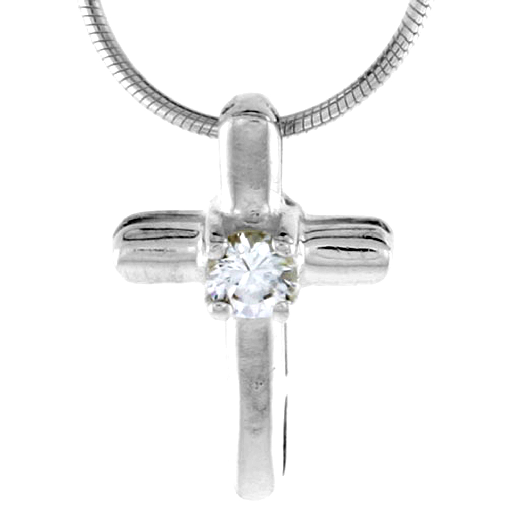 High Polished Sterling Silver 11/16" (18 mm) tall Matte Finish Cross Pendant, w/ 3mm Brilliant Cut CZ Stone, w/ 18" Thin Box Chain
