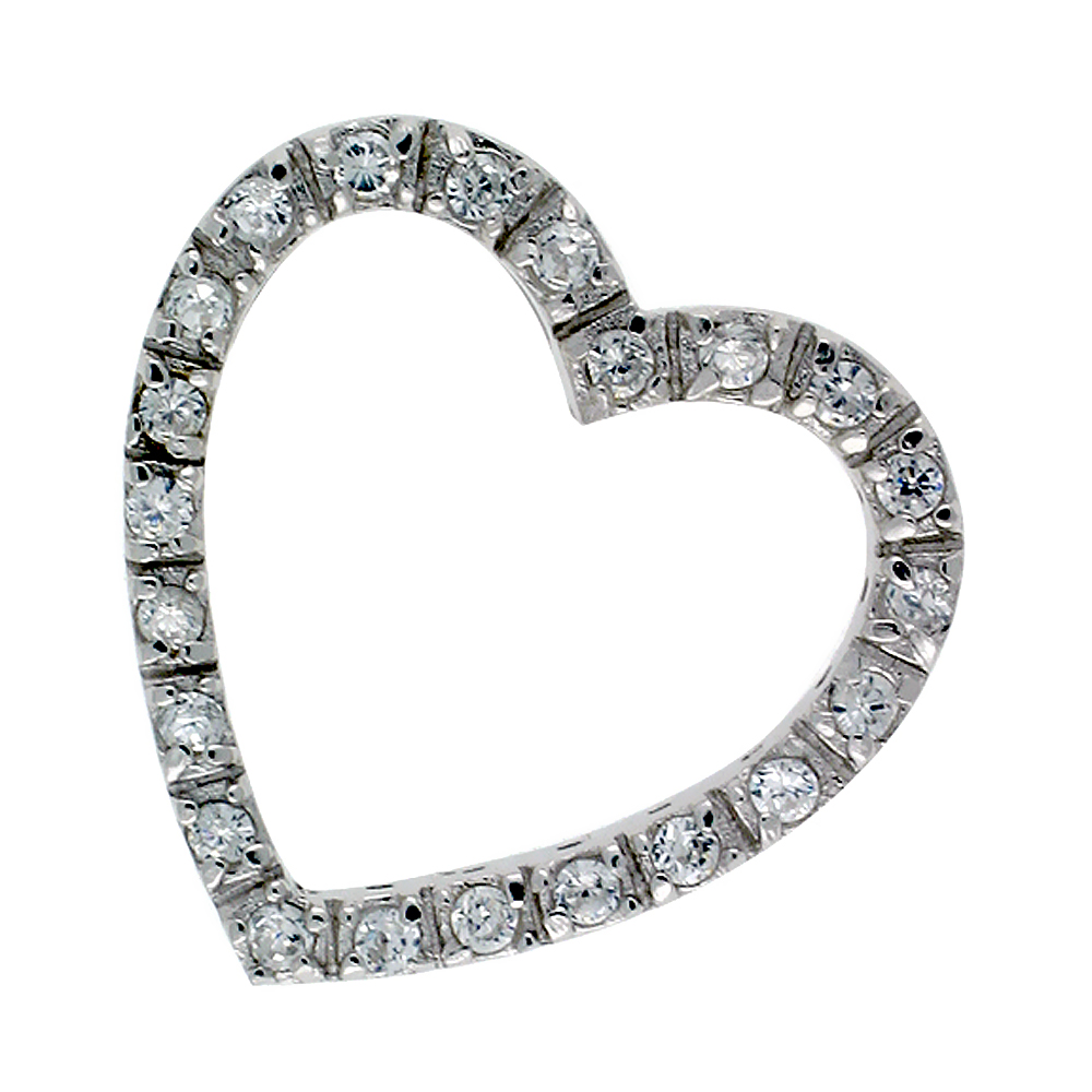 Sterling Silver Heart Cut Out Pendant, w/ Brilliant Cut CZ Stones, 1" (25 mm) tall, w/ 18" Thin Snake Chain