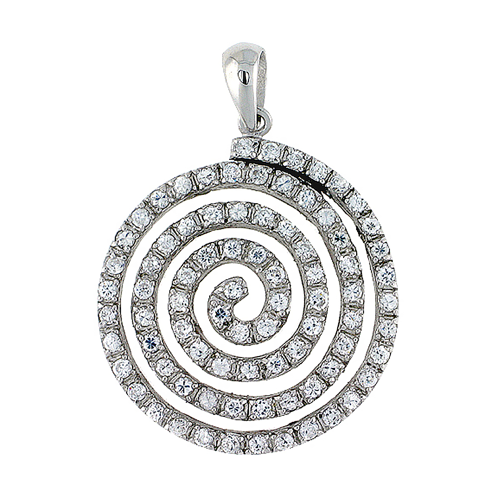 Sterling Silver Whirl Pendant, w/ Brilliant Cut CZ Stones, 1 1/8" (29 mm) tall, w/ 18" Thin Snake Chain