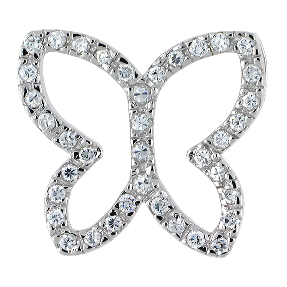Sterling Silver Butterfly Cut Out Pendant, w/ Brilliant Cut CZ Stones, 15/16" (24 mm) tall, w/ 18" Thin Snake Chain