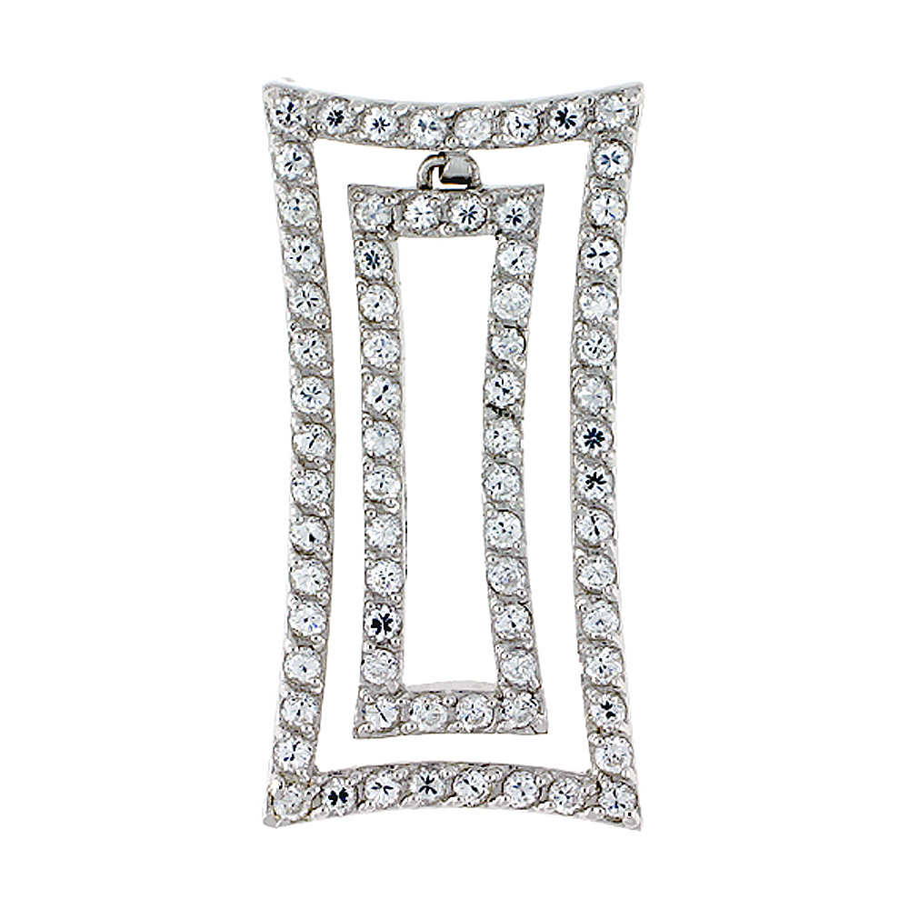 Sterling Silver Graduated Quadrilateral Cut Outs Pendant, w/ Brilliant Cut CZ Stones, 1 5/16" (34 mm) tall, w/ 18" Thin Snake Chain