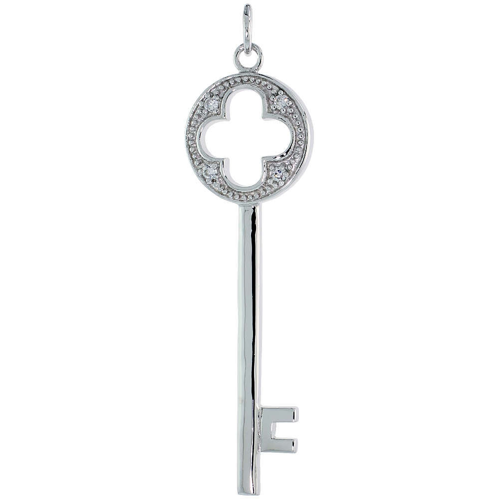 Sterling Silver Jeweled Clover Key Pendant w/ CZ Stones, 2 5/16" (59 mm) tall