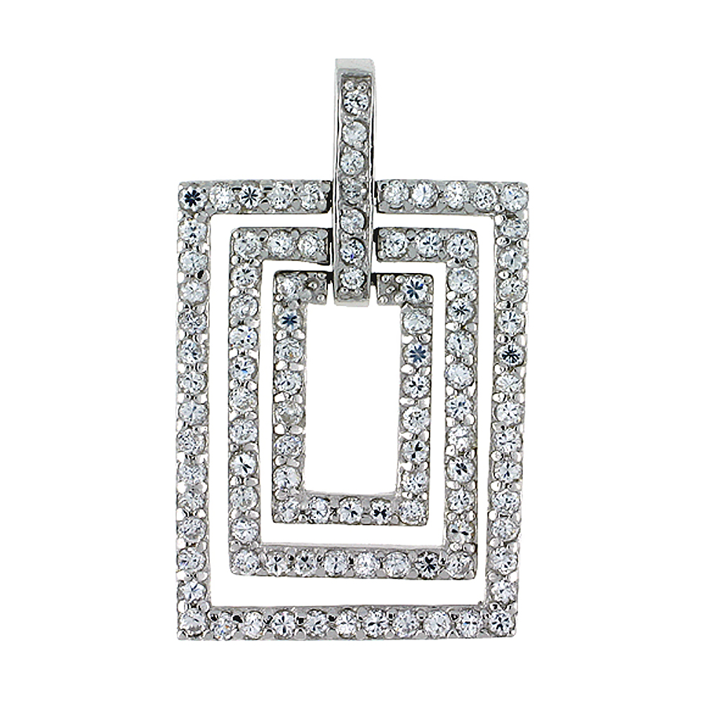 Sterling Silver Graduated Rectangle Cut Outs Pendant, w/ Brilliant Cut CZ Stones, 1 3/8" (35 mm) tall, w/ 18" Thin Snake Chain