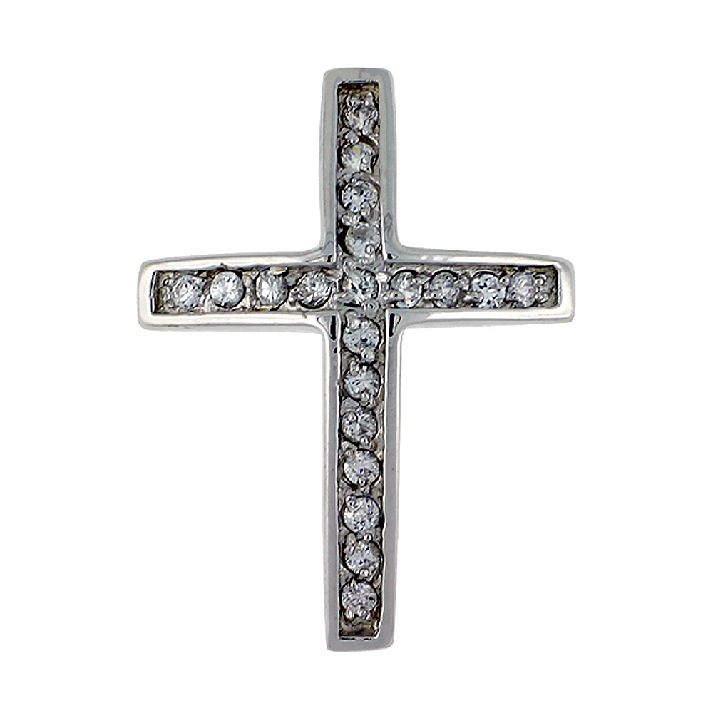 Sterling Silver Latin Cross Pendant, w/ Brilliant Cut CZ Stones, 1 1/16" (27 mm) tall, w/ 18" Thin Snake Chain