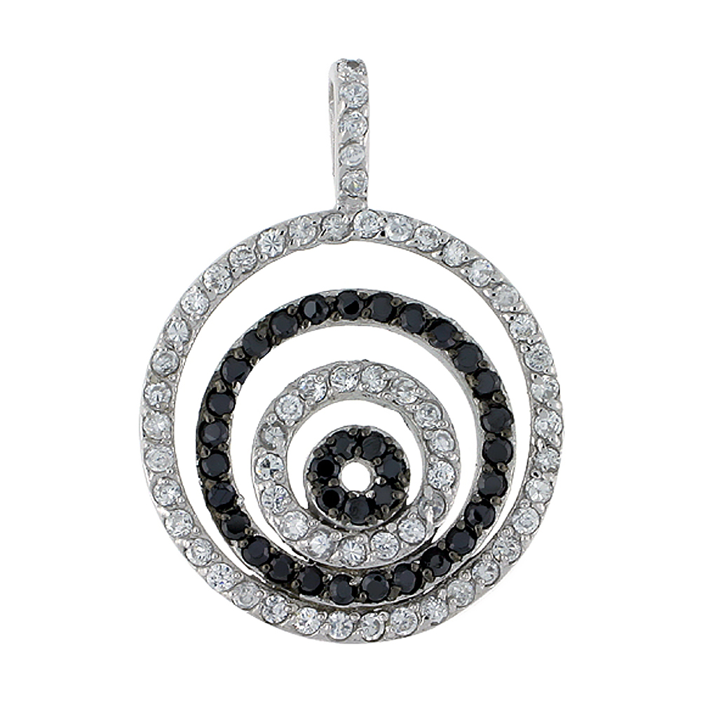 Sterling Silver Graduated Circle Cut Outs Pendant, w/ Brilliant Cut Clear & Black CZ Stones, 1 5/16" (33 mm) tall, w/ 18" Thin Snake Chain