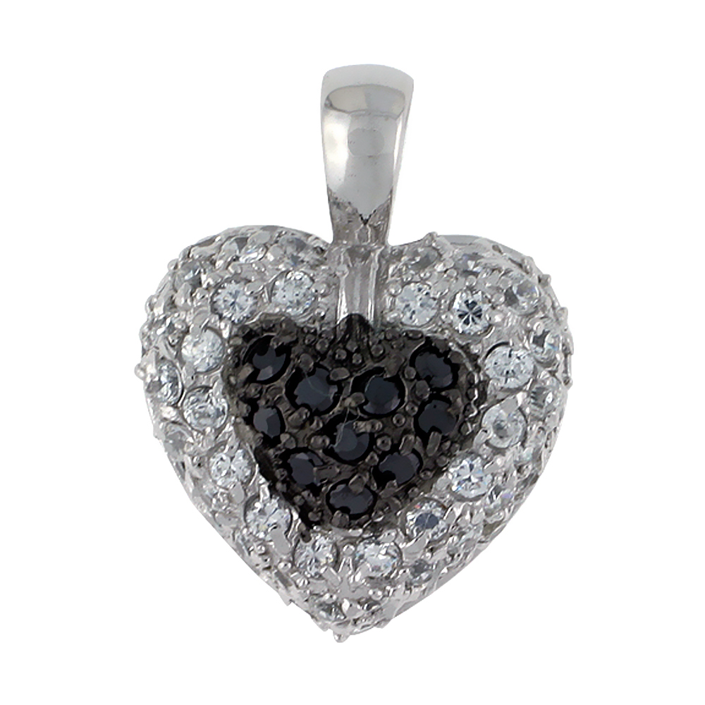 Sterling Silver Heart Pendant, w/ Brilliant Cut Clear & Black CZ Stones, 11/16" (17 mm) tall, w/ 18" Thin Snake Chain