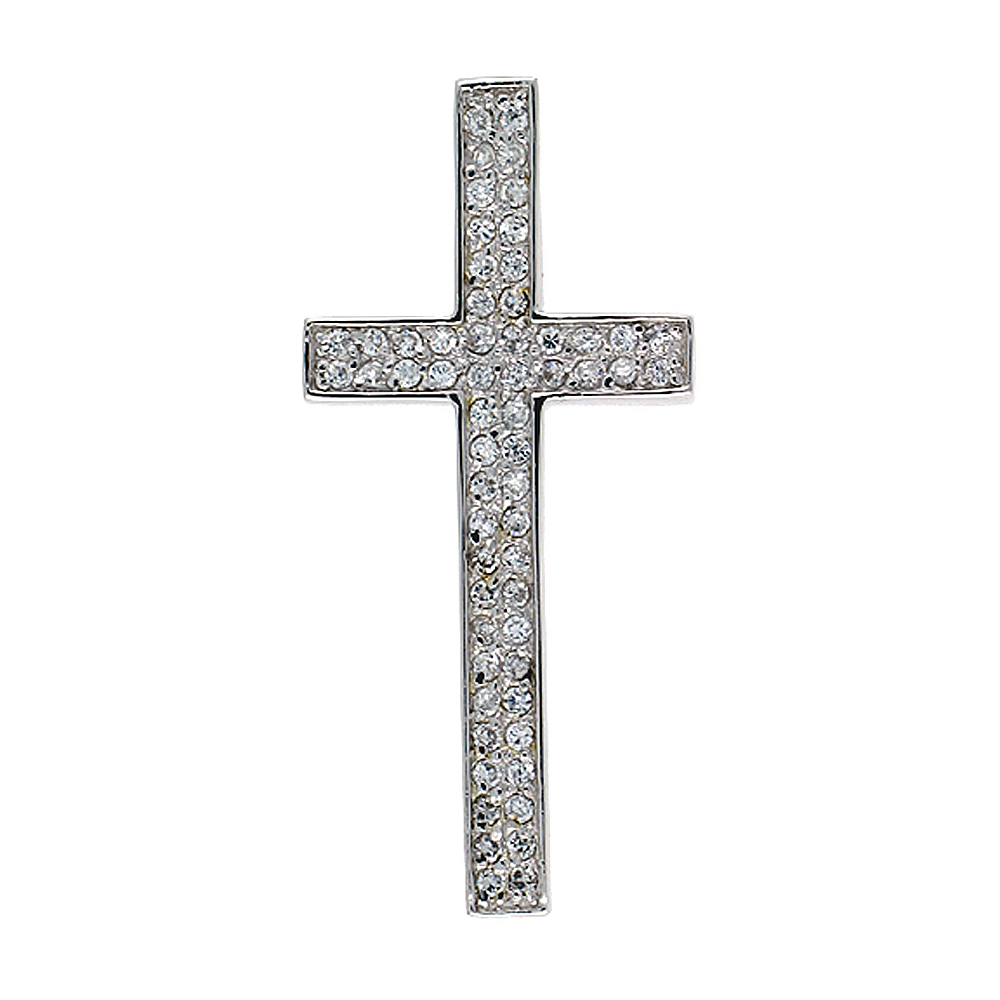 Sterling Silver Latin Cross Pendant, w/ Brilliant Cut CZ Stones, 1 5/8" (41 mm) tall, w/ 18" Thin Snake Chain