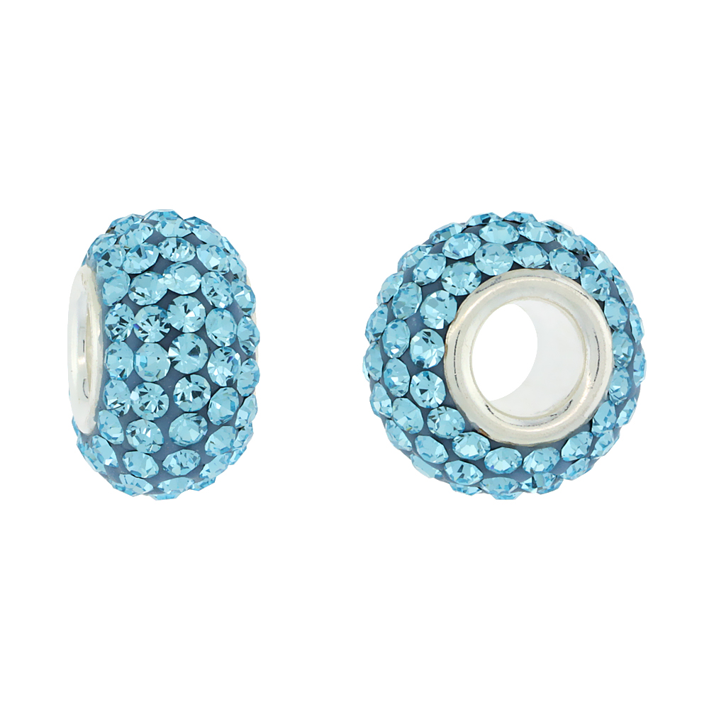 Sterling Silver Crystal Charm Bead Turquoise Color Charm Bracelet Compatible, 13 mm