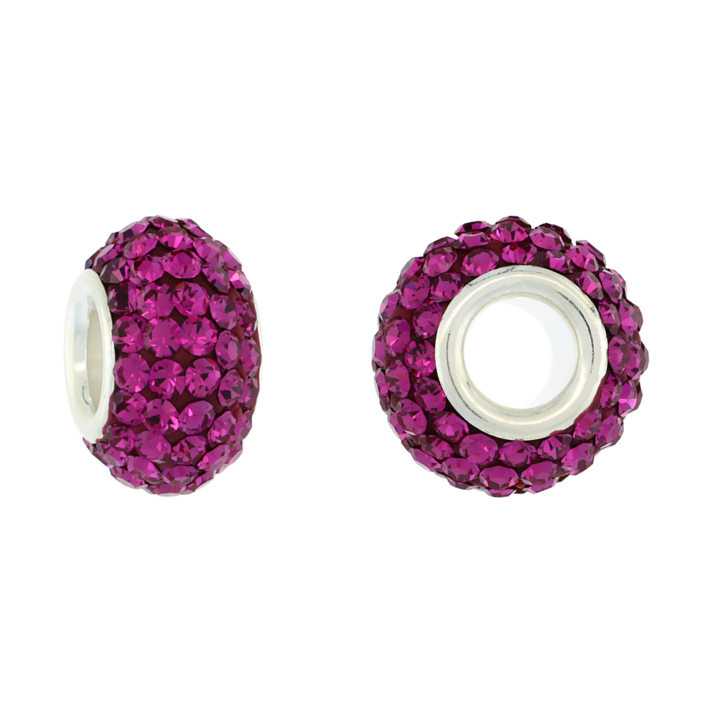 Sterling Silver Crystal Charm Bead Fuchsia Color Charm Bracelet Compatible, 13 mm